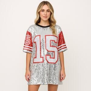 Game Day Sequin Football Jersey Dress Silver Red 15 Oversized Sparkle Glam O/S